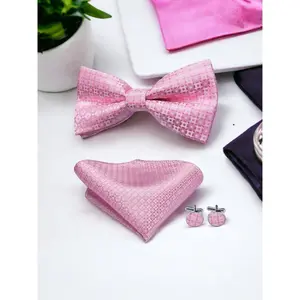 Men’s Silk Coordinated Black Bow Tie Set - Pink 0502