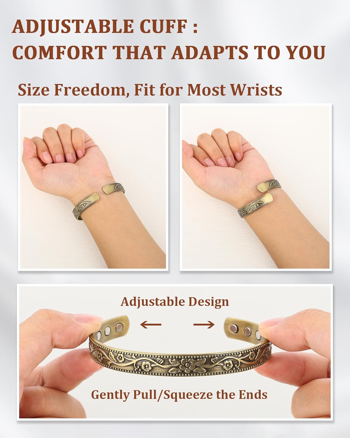 Copper Bracelet & Ring for Women, 99.99% Pure Copper Magnetic Bracelet Lymphatic Drainage Rings with 3500 Gauss Magnets, Adjustable & Flower Pattern (Antique Bronze Tone)