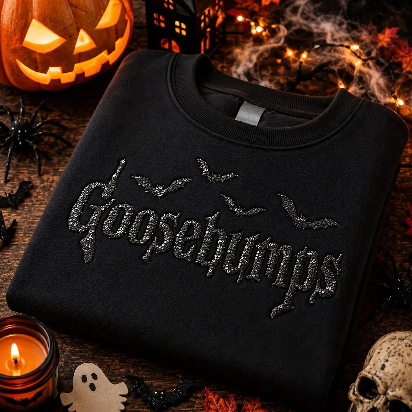 Embroidered Glow-in-the-Dark Goosebumps Sweatshirt, Halloween Horror Gift, Embroidered Goosebumps Shirt