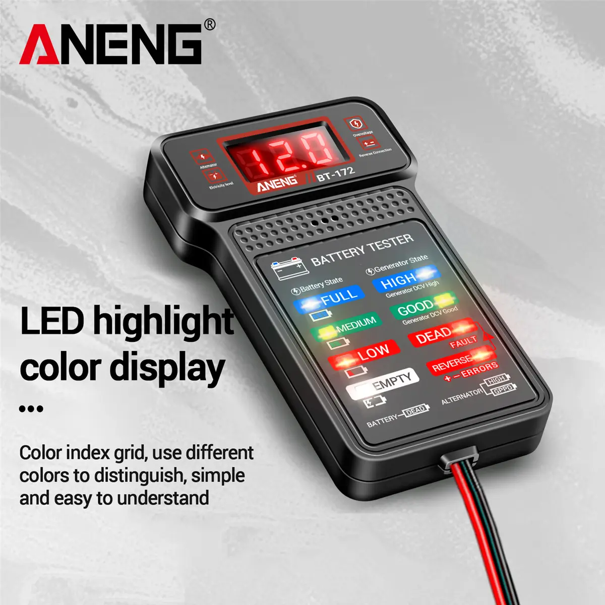 ANENG BT172 12V Vehicle Car Battery Tester-Alternator Analyzer Scanner Tool with LED Display, Reverse Polarity Protection, Overvoltage Protection, Dual Fuses, Insulated Probes, Lightweight Compact Design for Trucks, RVs