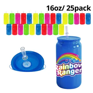 25/50 Pack Neon Sublimation Tumblers - 16oz (500-1000ml) Sublimation Cups, Plastic Beer Glasses, Soda Cans with Plastic Lids for Summer Kitchenware Drinkware Use, Sublimation Tumbler