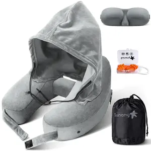Sunany Inflatable Hooded Neck Pillow, Ergonomic Support Travel Pillow for Airplane Flights, Road Trips & Office Naps