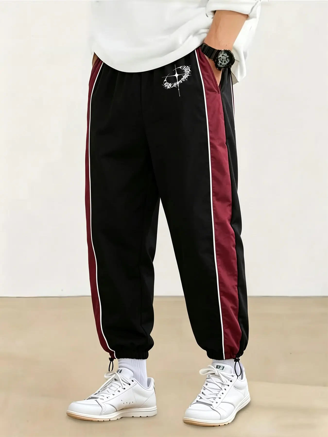 Men's Retro Track Pants Black & Wine Red Side Stripe Gothic Star Logo Print Streetwear Casual Loose Athletic Joggers Drawstring Waist & Adjustable Hem