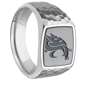 Medium Cushion signet ring (14x14mm) in Palladium Silver, with a Wide style band, a Tantalum inlay and a Washington State Cougar Head engraving.