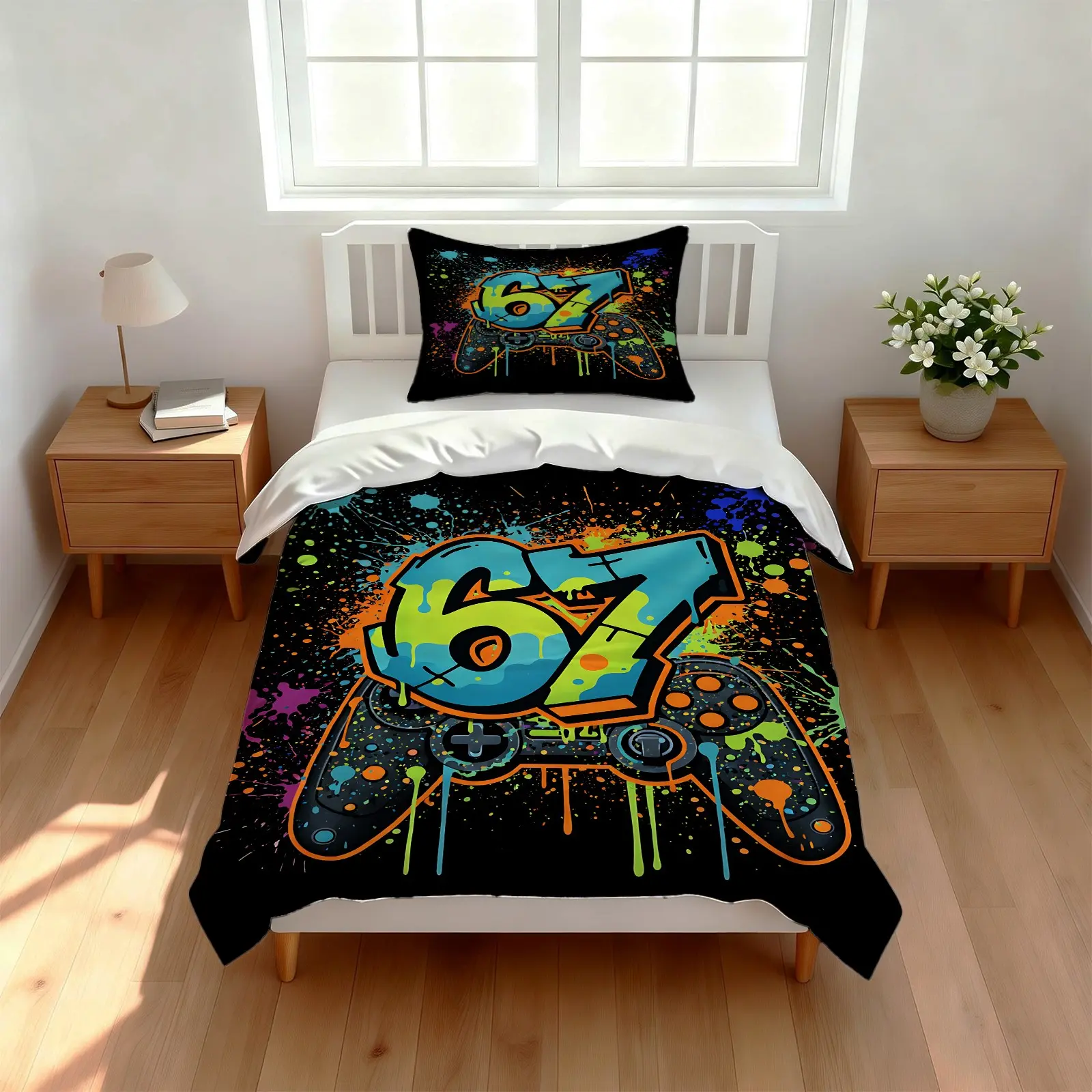 2/3pcs Street Art Game Controller Duvet Set, Trendy Print, Printed Bedding Set, Cool Bedroom Atmosphere, Gaming Lovers Bedding, Includes Fillers