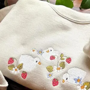 Strawberry Duck Embroidered Sweatshirt Cotton Crewneck, Cute Duck Coquette Sweatshirt Embroidery, Casual Y2K Sweater Pullover Dailywear