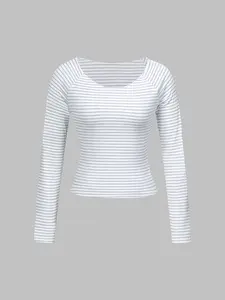 Elegant Striped Slim Fit V-Neck Short Top, Versatile Long Sleeve Underwear for Women, Fashionable and Comfortable Daily Wear