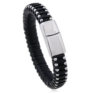 Hand-woven Titanium Steel Magnet Buckle Leather Bracelet unisex