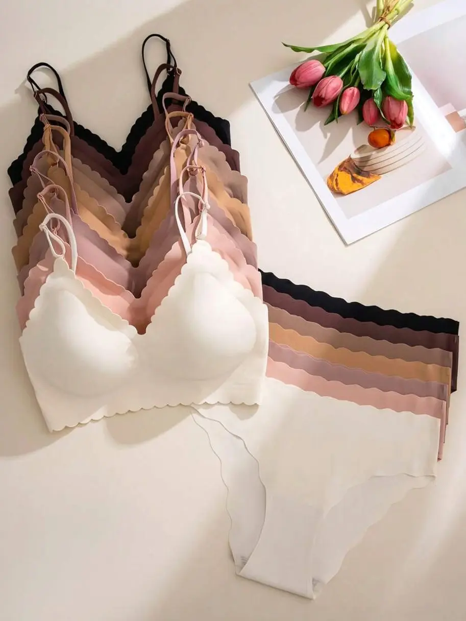 14-Piece Seamless Lingerie Set with Wavy Hem, Wireless Bralettes and Briefs