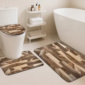 3-Piece Brown Wood Texture Bathroom Rug Set, Patchwork Grain Non-Slip Mats, Rustic Decor Toilet Lid Cover & U-Shape Pad