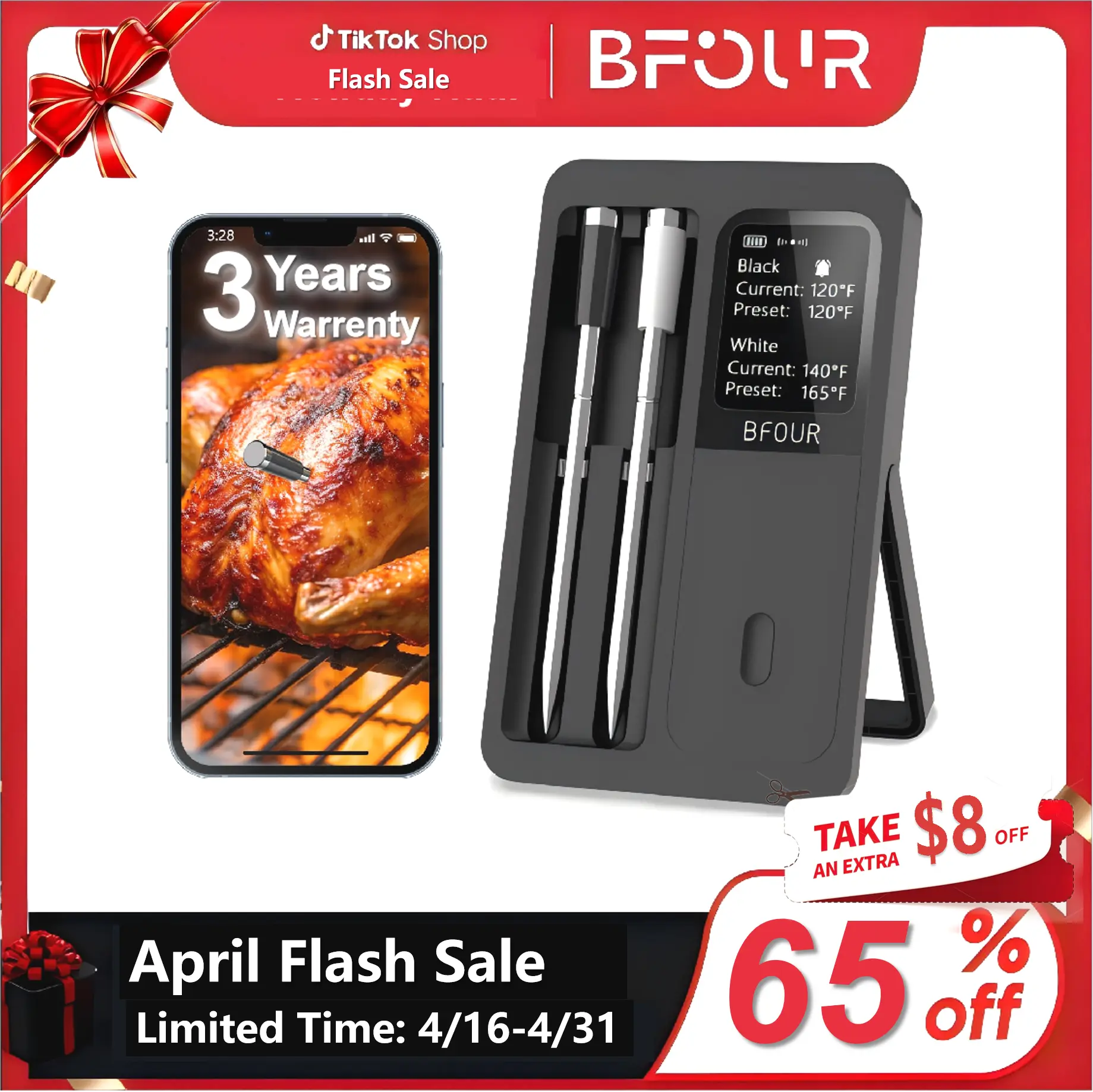 Wireless Meat Thermometer with 2 Probes - BBQ Grill Thermometer, Father's gift box, Kitchen Utensils, Holiday Gifts