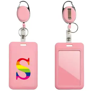 Rainbow Pattern ID Badge Holder with Key Ring, 1 Set Sliding Work ID Badge Holder with Retractable Reel, Identification Badges & Supplies