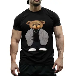 Hype Bear Streetwear Men’s Polyester T-Shirt, Stylish Dressed Teddy Bear Graphic Tee, Lightweight Breathable Crew Neck Top, Edgy Black Shirt for Street Fashion Lovers
