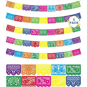 90 FT Fiesta Party Decorations 5 Pack Cinco De Mayo Banner Large Plastic Papel Picado Mexican Themed Dia De Los Muertos String Flags Colorful Indoor Outdoor Hanging Home Yard Party Decor