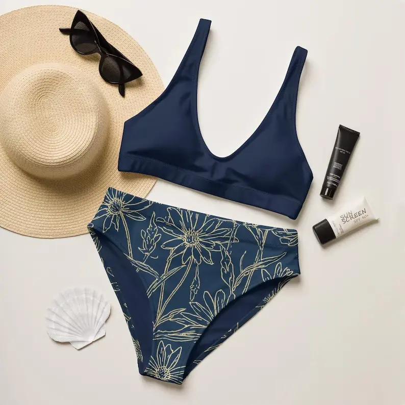 Women's Navy Blue Floral Bikini Set High Waist 2PC Swimsuit Daisy Print Beach Festival Summer Vacation Bathing Suit Loose Comfortable Swimwear Sun Tanning Pool Party