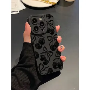 A black matte phone case with shockproof lens protection, featuring leopard and cherry patterns, suitable for iPhone 17, 16, 15, 14, 13, 12, 11, X, XS, XSMAX, 16E, 12, and 13 MINI. It makes a holiday gift for friends, family, or yourself.