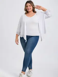 GRACE & GRANDEUR Women's Plus Size Cardigan Open Front Cover Up Lace Trim Waterfall Shrug 3/4 Sleeve High Low Hem Knit Cardigans