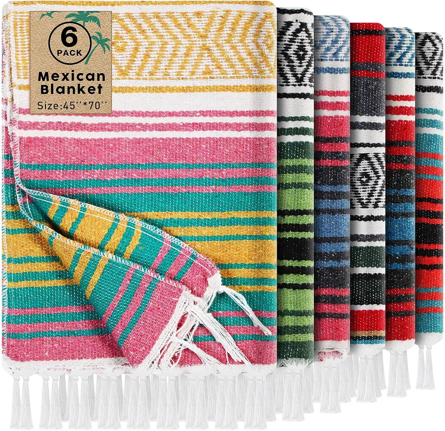 6 Pack Mexican Blankets and Throws 45 x 70 Inch, Cotton Outdoor Camping Cozy Baja Blanket Woven Serape Restorative Yoga Fiesta Fall Autumn Essential Supplies (Retro Color)