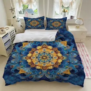 3pcs Blue swirls yellow circular patterns background bedding set (1*Duvet Cover + 2*Pillowcase, Without Core)+Soft comfortable and breathable Suitable for bedroom guest room hotel dormitory rooms