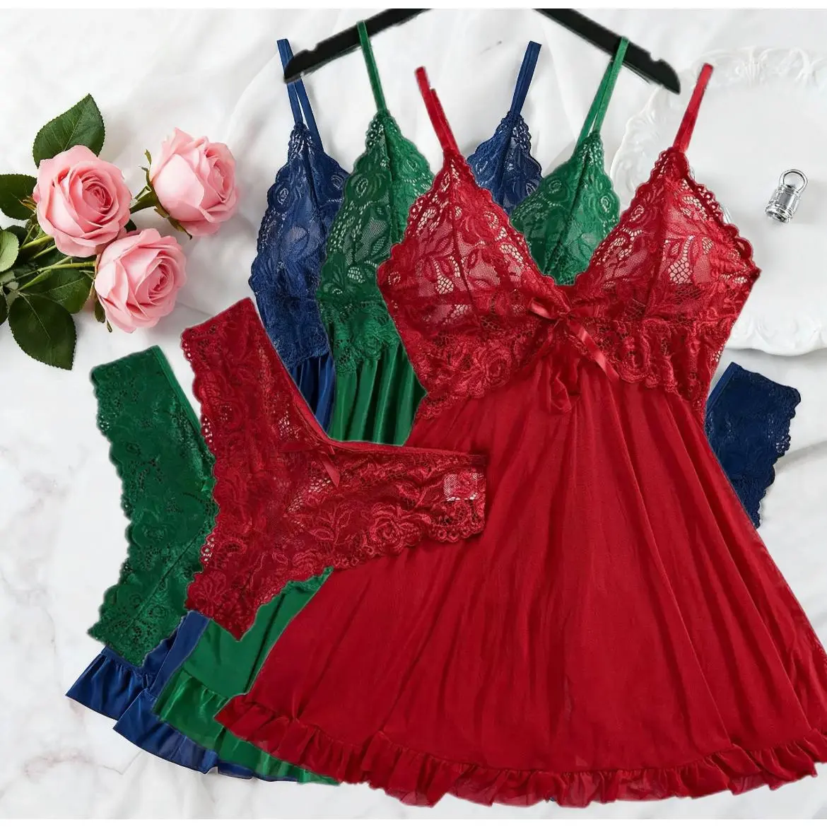 [Sexy Lingerie Set] 3pcs Sexy Lingerie Set For Women | Red Blue Black Net Fabric Nightgown, Strap Nightgown - Suitable For Sheer Nighty Pajamas Nightgowns Halter Dress Women Sleepwear Sexy Bra Nightdress Thong Sets