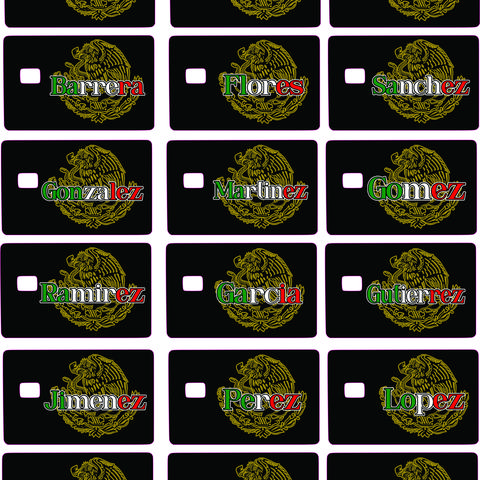 Mexican Lastnames Credit Card Sticker - Collection of Popular Surnames with National Emblem Design