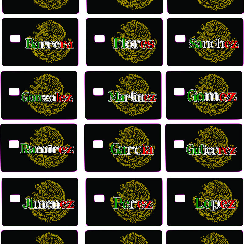 Mexican Lastnames Credit Card Sticker - Collection of Popular Surnames with National Emblem Design