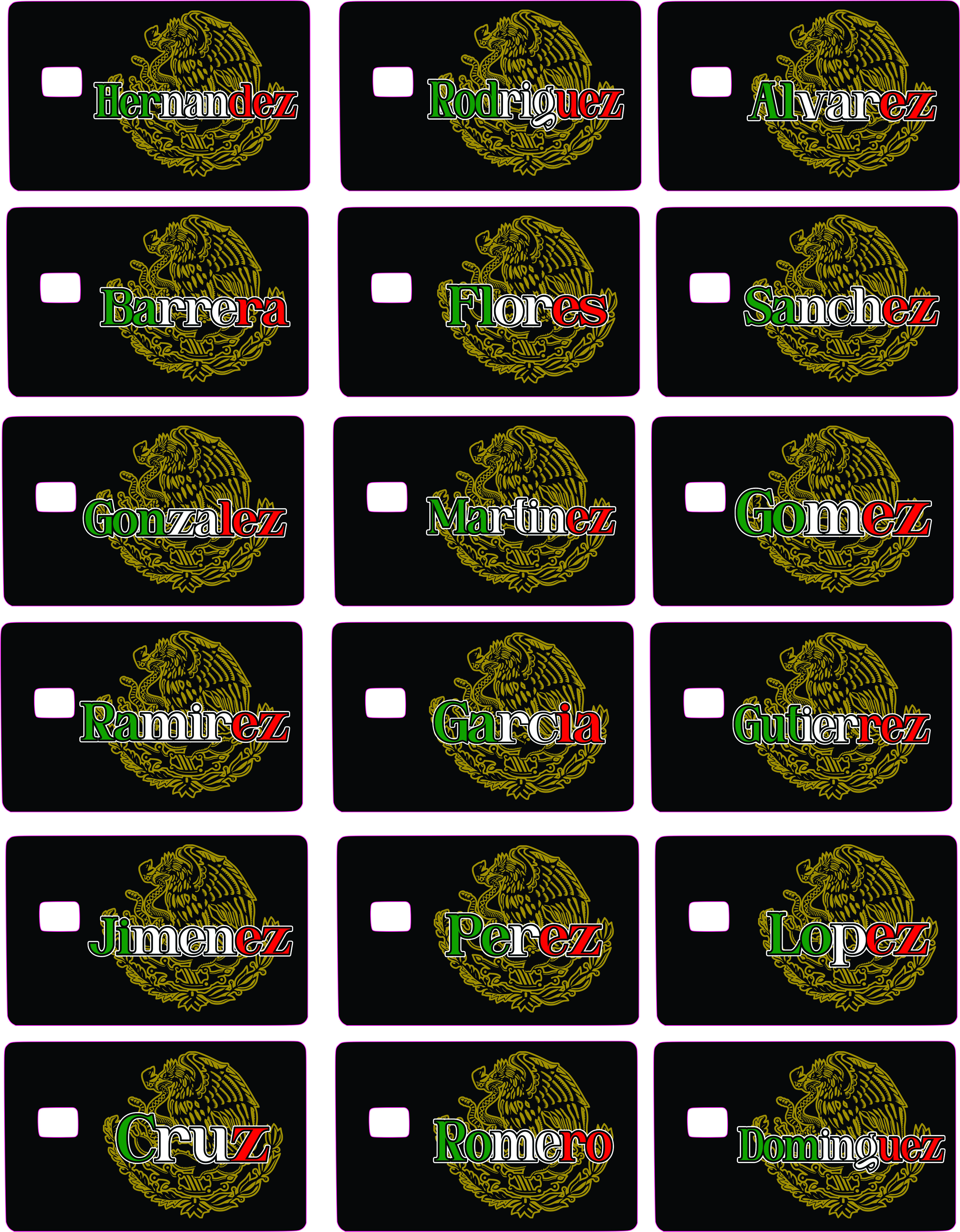 Mexican Lastnames Credit Card Sticker - Collection of Popular Surnames with National Emblem Design