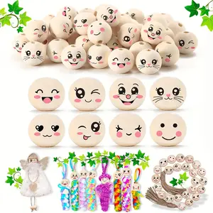 40pcs Wooden Beads, 8 Random Styles, Cute Face Patterns, 20mm DIY Keychain Craft Supplies, Hole Punched Smiling Faces, Handmade Jewelry Making