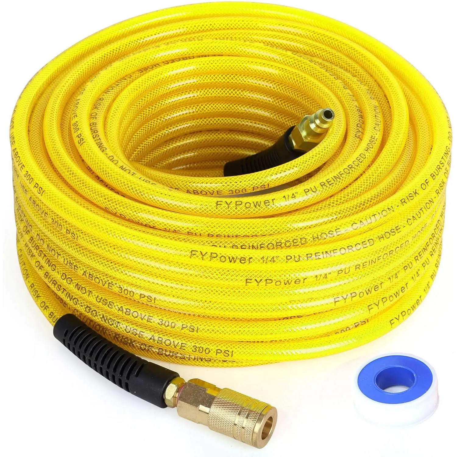 Abrasion-Resist. Reinforced PU Air Compressor Hose, 1/4 in x 100 ft, 1/4" FNPT Fittings, Bend Restrictors, Industrial Quick Coupler Kit & Quick Plug, 300 PSI Max, All Weather Flexibility, for Compressors/Tools, Industrial Users & Automotive Repair Shops