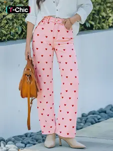 Heart Print Narrow Leg Wide Pants Trouser Women, All Season Fashion Casual Loose Fit Denim Jeans, Stretchy Fabric for Outdoor Dating Womenswear