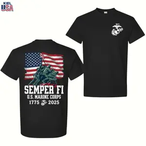 Semper Fi USMC 250th Birthday T-Shirt – United States Marine Corps Flag Raising Graphic Tee, Patriotic Military Apparel for Veterans & Supporters, 1775–2025 Anniversary Casual Cotton