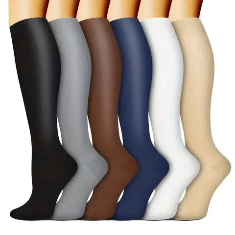 Women's 6 Pairs Minimalist Basic Elastic Knee High Socks - Solid, Comfy, V-Stripes Add a Sleek Sporty Look, Compression Fit, Ultra Stretch, All Seasons Hosiery