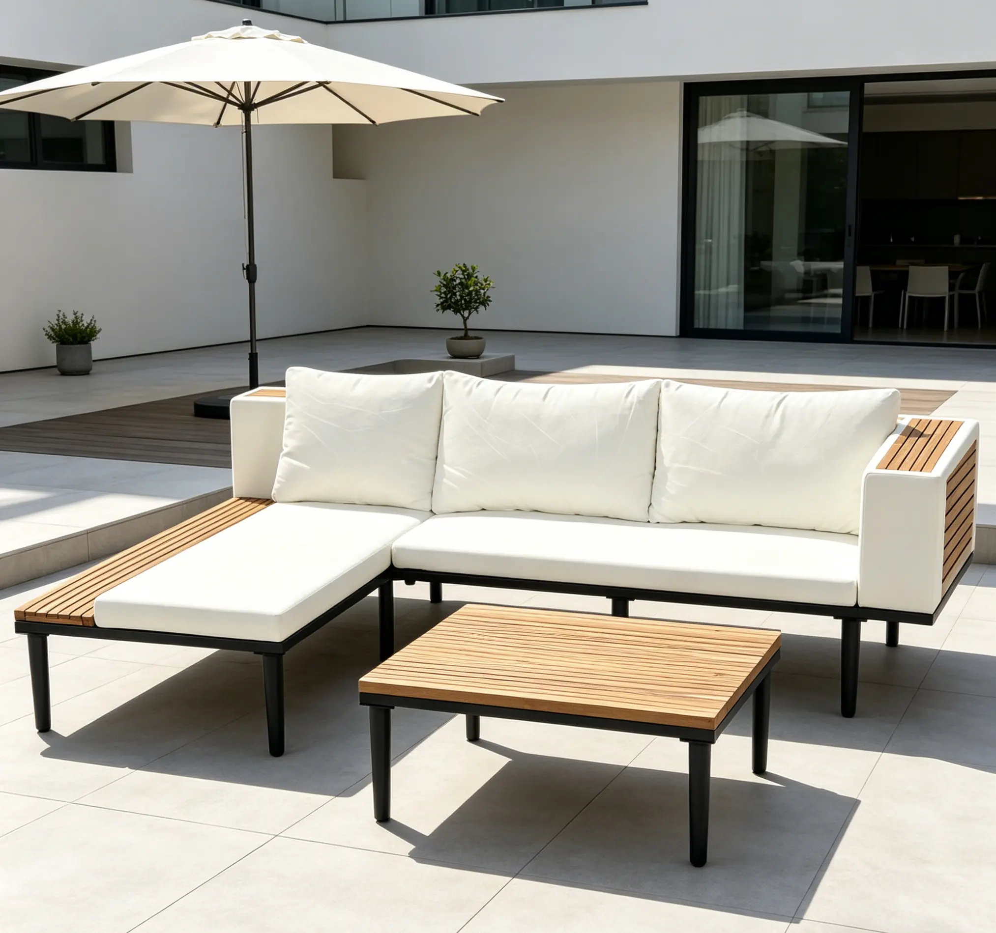 Luxury L-Shaped Acacia Wood Modern Patio Set - Sturdy Iron Outdoor Sectional with Removable Cushions, Coffee Table - for Backyard Deck, Garden Party Conversation Furniture