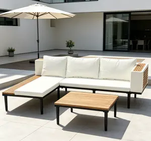 Luxury L-Shaped Acacia Wood Outdoor Sectional Sofa Set - with Removable Cushions, Coffee Table - for Backyard, Porch Conversation Furniture