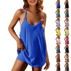 Mundoven Women's Athletic Sleeveless Mini Dress with Built-in Shorts Summer V Neck Spaghetti Strap Short Spring Tennis Dress with Pockets summerwins