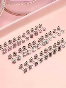 6pc Stainless Steel Star Ear Cuffs, Screw-On Round Flat Back Piercing Jewelry, Ethnic Punk Style Hand Chain Bracelet for All Seasons