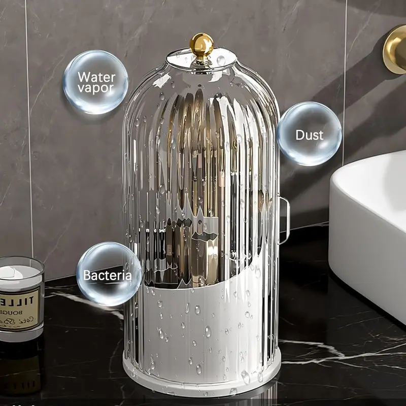 summerwins Firm Acrylic Glass 3-Slot 360° Rotating Toothbrush Holder Canister with Dustproof Cover, Vanity Organizer for Bathroom Countertop Storage of Toothpaste & Makeup Brushes