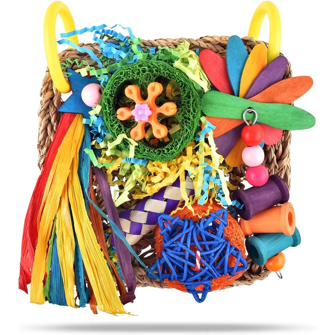 Parrot toy, parrot foraging toy, hanging parrot toy suitable for lovebirds, budgies, conures. Parrot foraging wall, equipped with colorful toys for birds to chew on seaweed, birdcage toy accessories