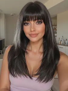 Fashionable New 20 Inch Big Scalp Area Long Straight Black Layered Wigs with Bangs and White Highlights, Synthetic Women's Wigs Suitable for Daily Use, Dance Parties or Cosplay Taking Photos