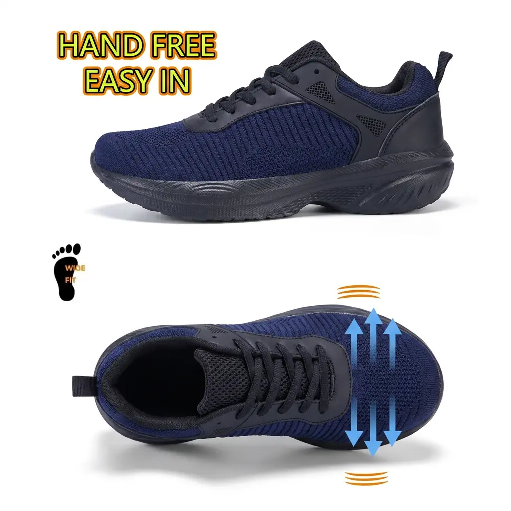 Men’s Wide Fit Laces Casual Trainers - Ventilated Fly Knit Mesh Running Sneakers, Hands-Free Slip-In Navy Shock-Absorbing Platform, Spacious Wide Toe Box, Non-Slip Lightweight Footwear for Gym, Jogging, Fitness For Everyone
