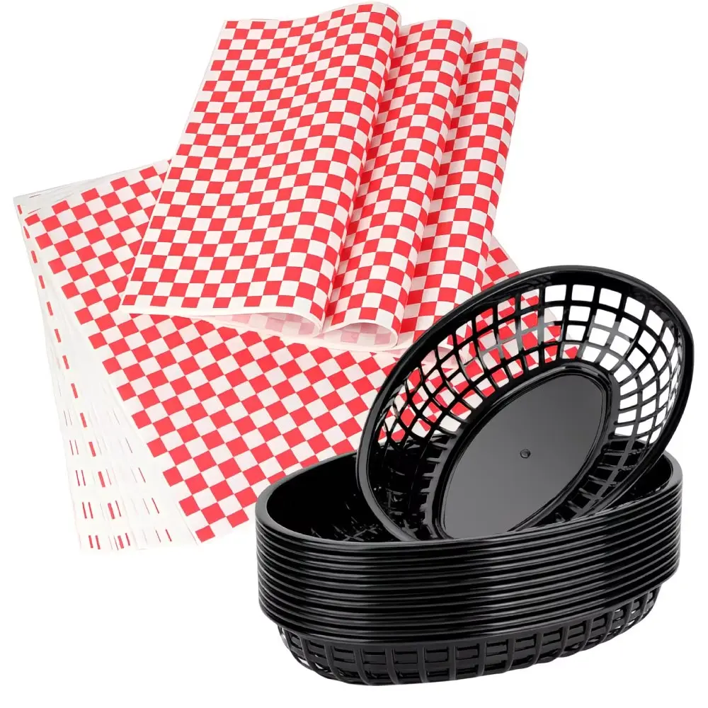 15Pcs Black Plastic Food Baskets + 100Pcs Red Checkered Liners, Reusable Fast Food Baskets with 12 Inch Deli Paper Liners, Multipurpose Container for Fries, Bread, Fruits and Snacks, Ideal for Restaurants, Parties, Food Service & Daily Use