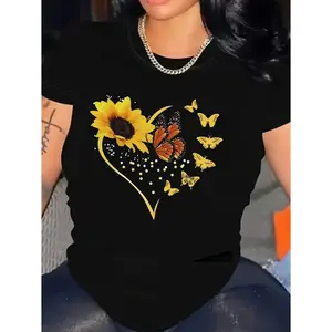 [100% Cotton] Vibrant Sunflower And Butterflies T-Shirt With Playful Floral Design .