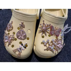 Metal GEM Butterfly Silver Diamond Flower Pearl Flower Eiffel Tower Theme Unique Special Croc Shoes Valentine's Day Gift
