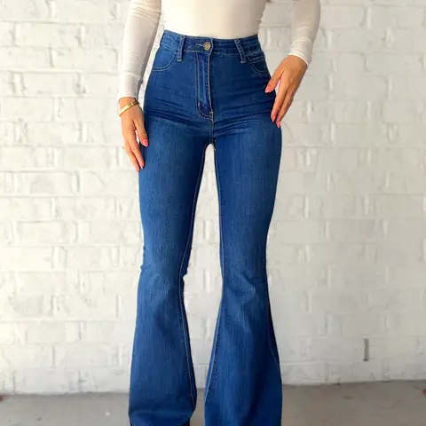 Women's Fiona High-Waisted Bell-Bottom Raised Flare Jeans - Medium Wash, Stretchy Cotton Spandex Fabric, Button Zip, Flattering Fit, Ideal for Day or Night Wear