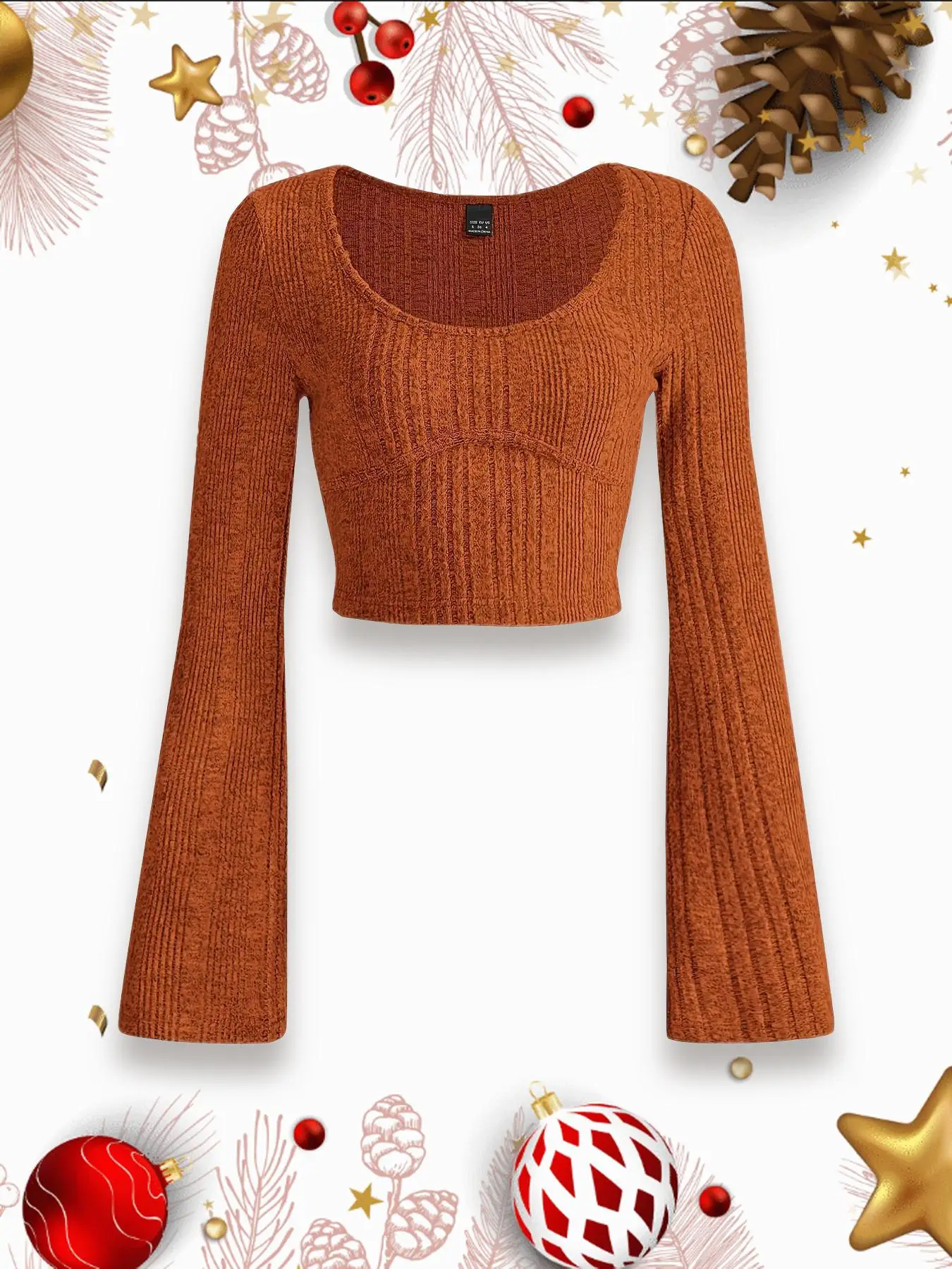 Women's Bell Sleeve Scoop Neck Ribbed Crop Top, Basic Comfort Long Sleeve Crop T-shirt for Lady, T Shirts for Women, Casual Grey Slim-fit Tops for Da