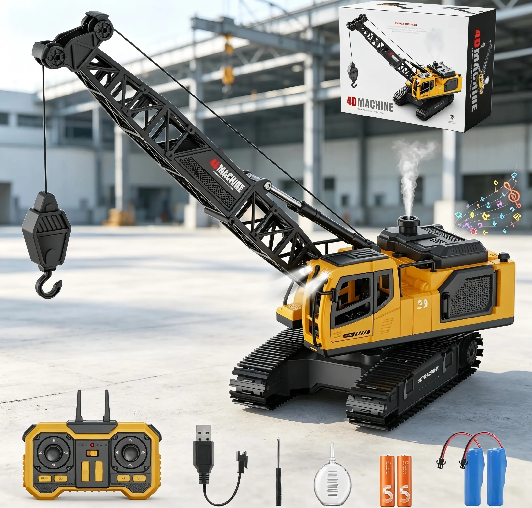 12 Channel RC Crane Toy, 2.4GHz Remote Control Construction Crane with Spray, Lights Sound, 720° Rotating Cab, All Terrain Tracks, Lifting Alloy Hook, Gift for Kids Boys