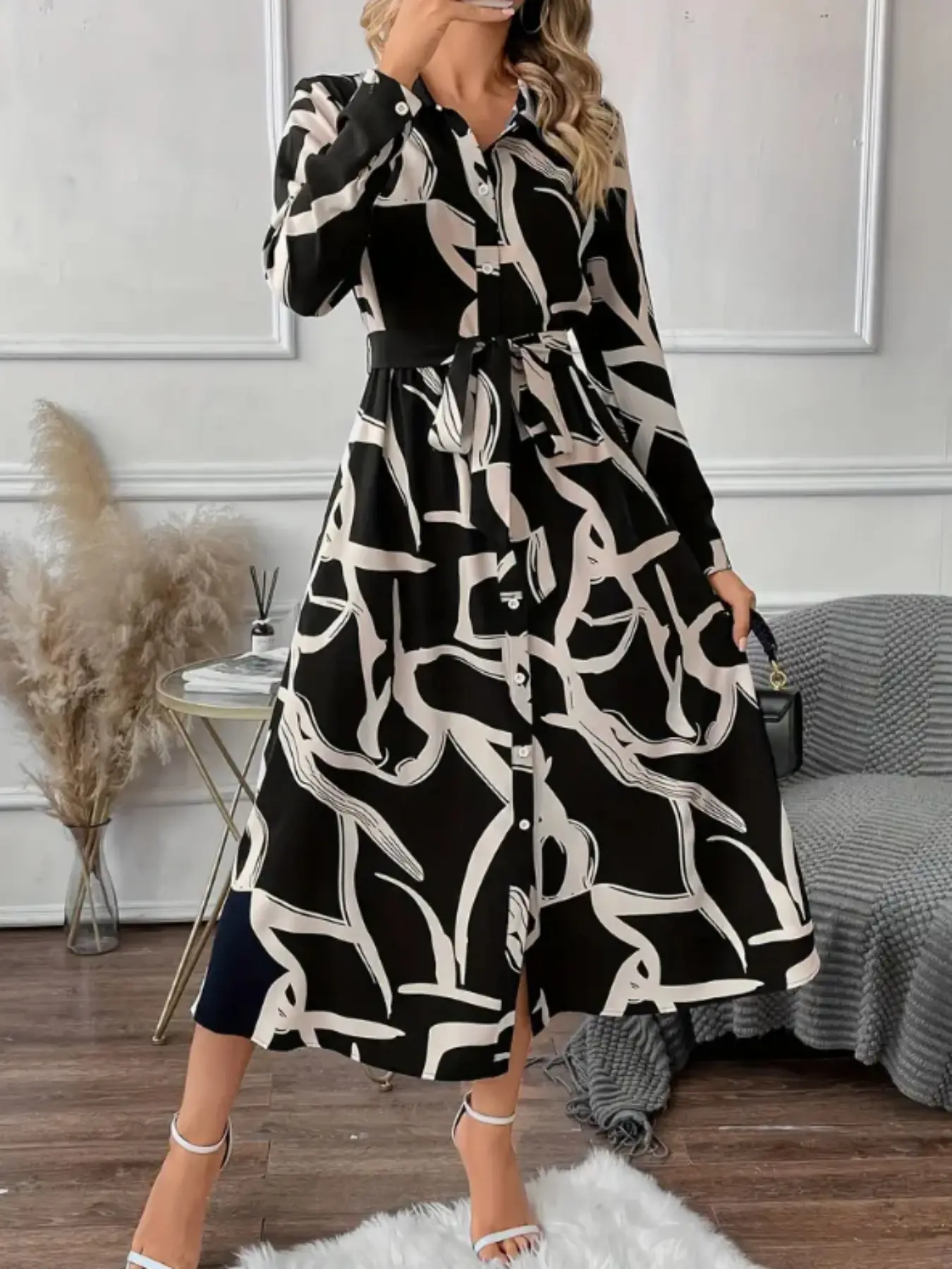 Women's Abstract Line Shirt Dress, Long Sleeve, Elegant Woven Fabric, Fitted  Design, Waist Belt Detail, All Season Wear, Casual Wear, Womenswear, Lady -  TikTok Shop