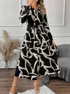 Women's Abstract Line Shirt Dress, Elegant Woven Fabric, Fitted Design, Waist Belt Detail, All Season Wear