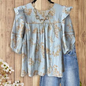 SageVell Boho Floral Blue/ Purple Blouse with Ruffled Shoulders, Puff Sleeves & Front Panel Design, Perfect for Weekend Outings