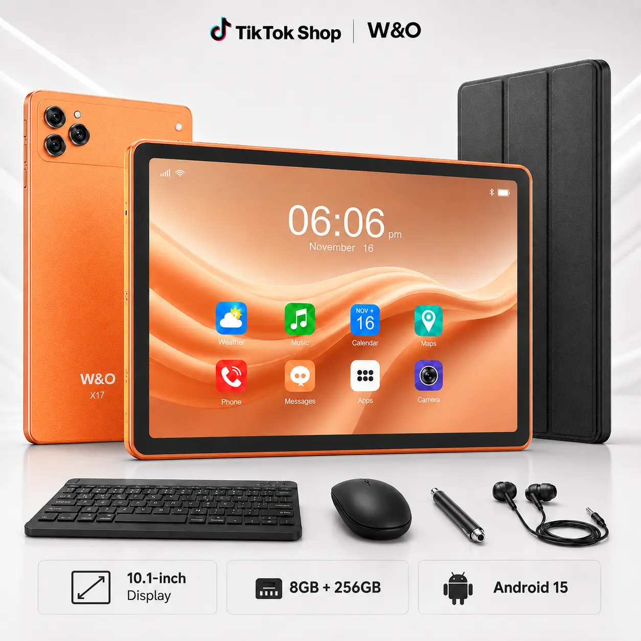 W&O 2026 Android 15, 11-inch Tablet, 12GB RAM + 256GB Expandable Storage, Long Lasting Battery, Large HD Screen, 10000mAh Battery, 5G WiFi, Portable Device with Keyboard, Mouse, Case, Stylus, Dual Camera, Work, smart Bluetooth Sim